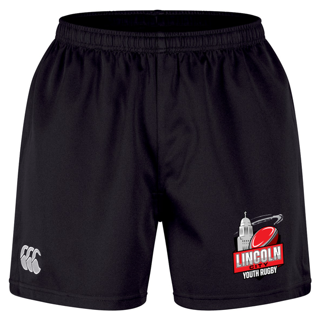 The Lincoln City Youth Rugby Professional Short 2.0 by EMB Canterbury features a black design with an elastic waistband, displaying a Canterbury logo on one leg and a “Lincoln Youth Rugby” emblem with a red rugby ball on the other. These durable sports shorts are perfect for both training sessions and match days.