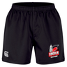 The Lincoln City Youth Rugby Professional Short 2.0 by EMB Canterbury features a black design with an elastic waistband, displaying a Canterbury logo on one leg and a “Lincoln Youth Rugby” emblem with a red rugby ball on the other. These durable sports shorts are perfect for both training sessions and match days.