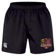 The Godzilla Rugby Football Club Professional Short 2.0 by EMB Canterbury features an elastic waistband and durable black fabric, with a striking “Godzilla” logo—complete with a dragon and shield—on one leg and a white Canterbury logo on the other. Designed for superior comfort and performance, these athletic shorts are ideal for professional rugby training or matches.
