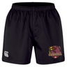 The Godzilla Rugby Football Club Professional Short 2.0 by EMB Canterbury features an elastic waistband and durable black fabric, with a striking “Godzilla” logo—complete with a dragon and shield—on one leg and a white Canterbury logo on the other. Designed for superior comfort and performance, these athletic shorts are ideal for professional rugby training or matches.