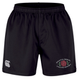 The Santa Rosa Youth Rugby Professional Short 2.0 by EMB Canterbury features black, durable athletic shorts made from recycled polyester for long-lasting, eco-friendly performance. The shorts display the CCC logo on the left leg and “Santa Rosa Youth Rugby” with a red rose on the right leg.