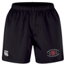 The Santa Rosa Youth Rugby Professional Short 2.0 by EMB Canterbury features black, durable athletic shorts made from recycled polyester for long-lasting, eco-friendly performance. The shorts display the CCC logo on the left leg and “Santa Rosa Youth Rugby” with a red rose on the right leg.