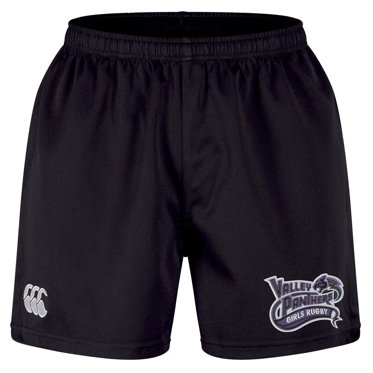 The Valley Panthers Girls Rugby Professional Short 2.0 by Canterbury, from EMB Canterbury, are black rugby shorts with an elastic waistband, showcasing a white Canterbury logo on the left leg and a “Valley Panthers Girls Rugby” logo on the right leg. Engineered for durability and high performance on the field, these professional shorts ensure comfort and reliability during play.