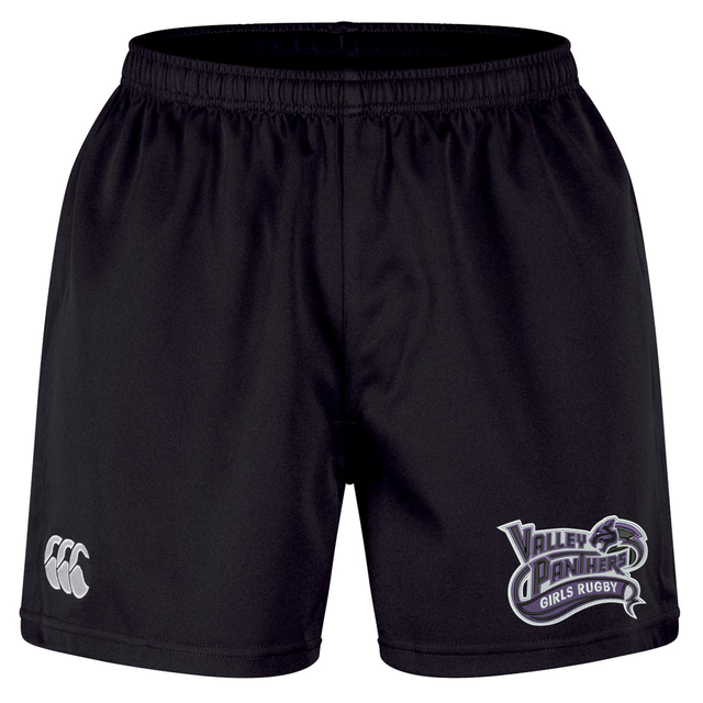 The Valley Panthers Girls Rugby Professional Short 2.0 by Canterbury, from EMB Canterbury, are black rugby shorts with an elastic waistband, showcasing a white Canterbury logo on the left leg and a “Valley Panthers Girls Rugby” logo on the right leg. Engineered for durability and high performance on the field, these professional shorts ensure comfort and reliability during play.