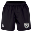 The South Orange County Raptors Professional Short 2.0 by Canterbury, from EMB Canterbury, are black athletic shorts featuring an elastic waistband, a white CCC logo on the left leg, and a South Orange County Raptors Rugby patch on the right leg. These durable shorts are designed for comfort and performance both on and off the rugby field.