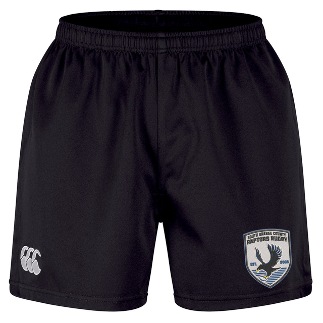 The South Orange County Raptors Professional Short 2.0 by Canterbury, from EMB Canterbury, are black athletic shorts featuring an elastic waistband, a white CCC logo on the left leg, and a South Orange County Raptors Rugby patch on the right leg. These durable shorts are designed for comfort and performance both on and off the rugby field.