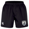 The South Orange County Raptors Professional Short 2.0 by Canterbury, from EMB Canterbury, are black athletic shorts featuring an elastic waistband, a white CCC logo on the left leg, and a South Orange County Raptors Rugby patch on the right leg. These durable shorts are designed for comfort and performance both on and off the rugby field.