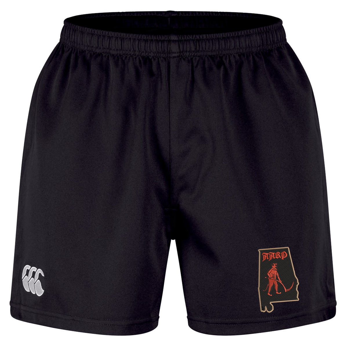 Aging Alabama Rugby Players Professional Short 2.0 by Canterbury in black, featuring a white logo on the left leg and a red graphic of Alabama with a grim reaper on the right leg.