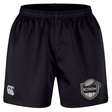 Durable black ICRON Professional Short 2.0 by Canterbury athletic shorts with an elastic waistband, a logo on the left leg, and a rugby ball emblem with “ICRON” on the right leg.