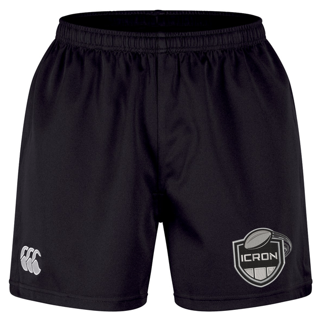 Durable black ICRON Professional Short 2.0 by Canterbury athletic shorts with an elastic waistband, a logo on the left leg, and a rugby ball emblem with “ICRON” on the right leg.