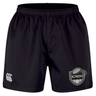 Durable black ICRON Professional Short 2.0 by Canterbury athletic shorts with an elastic waistband, a logo on the left leg, and a rugby ball emblem with “ICRON” on the right leg.