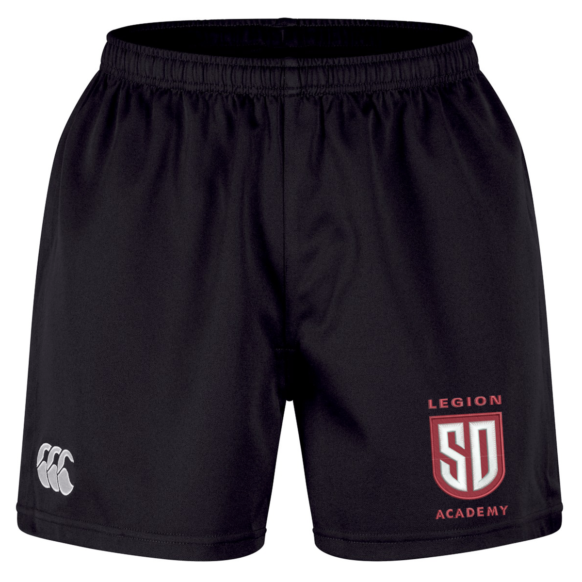 Black Legion Academy Professional Short 2.0 by Canterbury athletic shorts featuring a Legion Academy emblem on the right leg and a logo on the left leg.