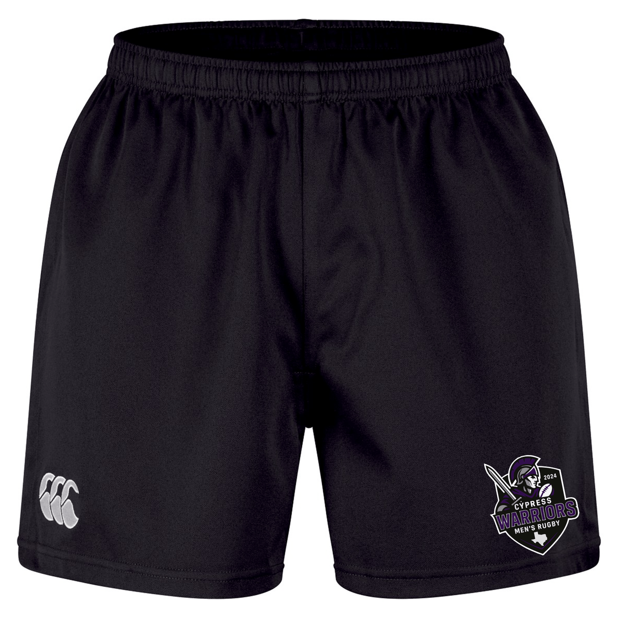 The Cypress Warriors Men's Rugby Professional Short 2.0 by Canterbury, from EMB Canterbury, features an elastic waistband, CCC logo on the left leg, Cyprus Warriors emblem on the right, and is designed for durability and peak rugby performance.