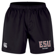 The East Stroudsburg University Professional Short 2.0 by EMB Canterbury features an elastic waistband, CCC logo on the left leg, "ESU RUGBY" text on the right, and is designed for durability and performance both on and off the field.