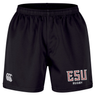 The East Stroudsburg University Professional Short 2.0 by EMB Canterbury features an elastic waistband, CCC logo on the left leg, "ESU RUGBY" text on the right, and is designed for durability and performance both on and off the field.