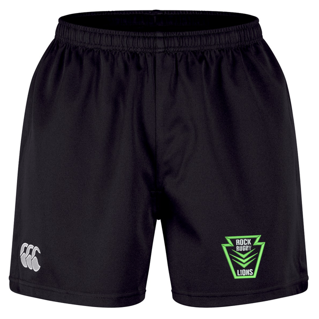 Black Rock Rugby Professional Short 2.0 recycled polyester shorts featuring a logo on the left leg and a “Rock Rugby Lions” green shield emblem on the right leg.