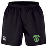 Black Rock Rugby Professional Short 2.0 recycled polyester shorts featuring a logo on the left leg and a “Rock Rugby Lions” green shield emblem on the right leg.