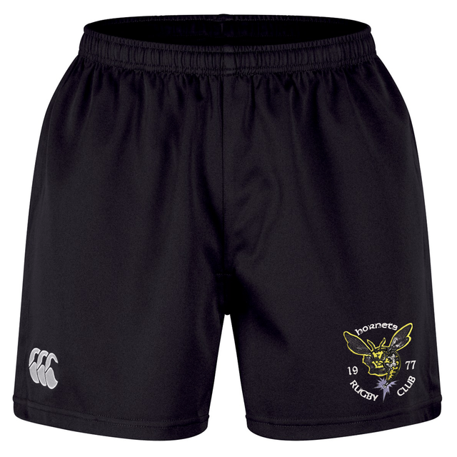 The Hornets Rugby Club Professional Short 2.0 by Canterbury features an elastic waistband, the Hornets Rugby Club logo on the right leg, and the EMB Canterbury logo on the left leg—crafted in the Professional 2.0 Short style for peak rugby performance.