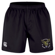 Introducing the Hornets Rugby Club 1977 Professional Short 2.0 by Canterbury—black shorts with an elastic waistband, featuring the EMB Canterbury logo on the left leg and the Hornets Rugby Club emblem on the right. These durable sports shorts are designed for professional rugby performance and long-lasting comfort.