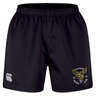 Introducing the Hornets Rugby Club 1977 Professional Short 2.0 by Canterbury—black shorts with an elastic waistband, featuring the EMB Canterbury logo on the left leg and the Hornets Rugby Club emblem on the right. These durable sports shorts are designed for professional rugby performance and long-lasting comfort.