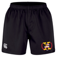 The Potomac Exiles Rugby Club Professional Short 2.0 by EMB Canterbury features a black design with an elastic waistband, the iconic "CCC" logo on the left leg, and a multicolored crest with "2014" on the right leg. Built for both comfort and performance, these durable athletic shorts are ideal for professional rugby matches or everyday training sessions.