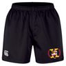 The Potomac Exiles Rugby Club Professional Short 2.0 by EMB Canterbury features a black design with an elastic waistband, the iconic "CCC" logo on the left leg, and a multicolored crest with "2014" on the right leg. Built for both comfort and performance, these durable athletic shorts are ideal for professional rugby matches or everyday training sessions.