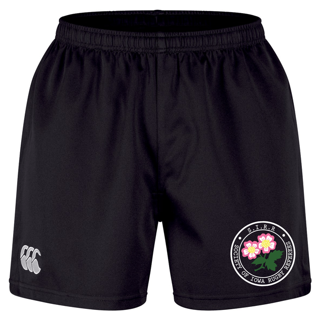 The Society of Iowa Rugby Referees Professional Short 2.0 by EMB Canterbury is a pair of black rugby shorts made from recycled polyester, designed with an elastic waistband for comfort, the classic white EMB Canterbury logo on the left leg, and a distinctive circular badge adorned with pink flowers on the right leg—making these stylish professional shorts perfect for training sessions as well as everyday wear.
