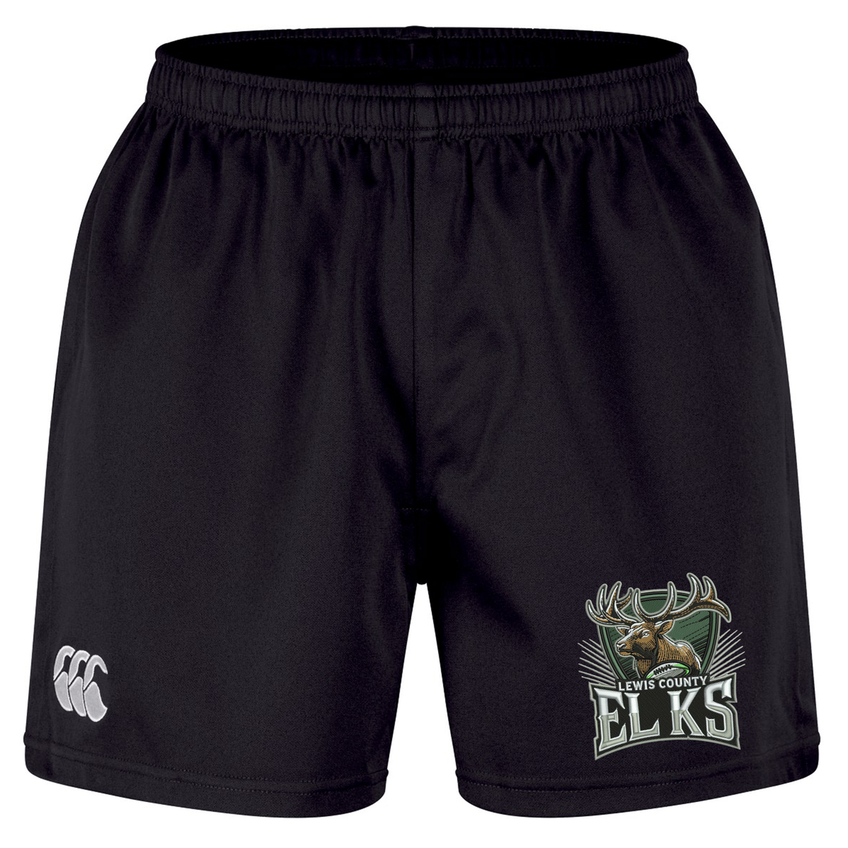 Introducing the Lewis County Elks Professional Short 2.0 by Canterbury from EMB Canterbury—black professional rugby shorts showcasing the Lewis County Elks logo on the right leg and a white Canterbury logo on the left. Crafted from durable recycled polyester, these shorts deliver reliable performance and comfort.