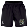 Introducing the Lewis County Elks Professional Short 2.0 by Canterbury from EMB Canterbury—black professional rugby shorts showcasing the Lewis County Elks logo on the right leg and a white Canterbury logo on the left. Crafted from durable recycled polyester, these shorts deliver reliable performance and comfort.