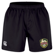 The RVA T.R.C. Professional Short 2.0 by EMB Canterbury are black athletic shorts made from durable sportswear fabric, featuring an elastic waistband, a white Canterbury (CCC) logo on the left leg, and an RVA rugby club badge on the right leg. Designed for both comfort and performance on and off the field, these professional rugby shorts are ideal for dedicated athletes.