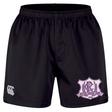Durable black Western Carolina University Professional Short 2.0 by Canterbury with a white logo on the right leg and a purple and white Western Carolina Rugby emblem on the left leg.