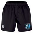 The Minneapolis Mayhem Rugby Professional Short 2.0 by EMB Canterbury are black athletic shorts, crafted from recycled polyester for enhanced performance, featuring the Canterbury logo on the left thigh and the Minneapolis Mayhem Rugby team logo on the right thigh.