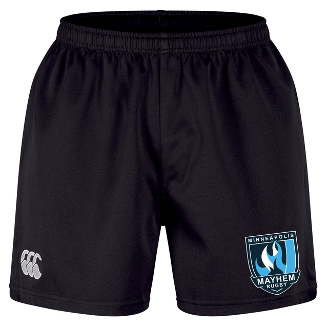 The Minneapolis Mayhem Rugby Professional Short 2.0 by EMB Canterbury are black athletic shorts, crafted from recycled polyester for enhanced performance, featuring the Canterbury logo on the left thigh and the Minneapolis Mayhem Rugby team logo on the right thigh.