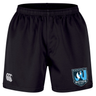The Minneapolis Mayhem Rugby Professional Short 2.0 by EMB Canterbury are black athletic shorts, crafted from recycled polyester for enhanced performance, featuring the Canterbury logo on the left thigh and the Minneapolis Mayhem Rugby team logo on the right thigh.