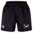 Black Mother Lode Professional Short 2.0 by Canterbury athletic shorts with an elastic waistband, featuring a logo with two crossed pickaxes and a rugby ball on the right leg and a brand logo on the left.