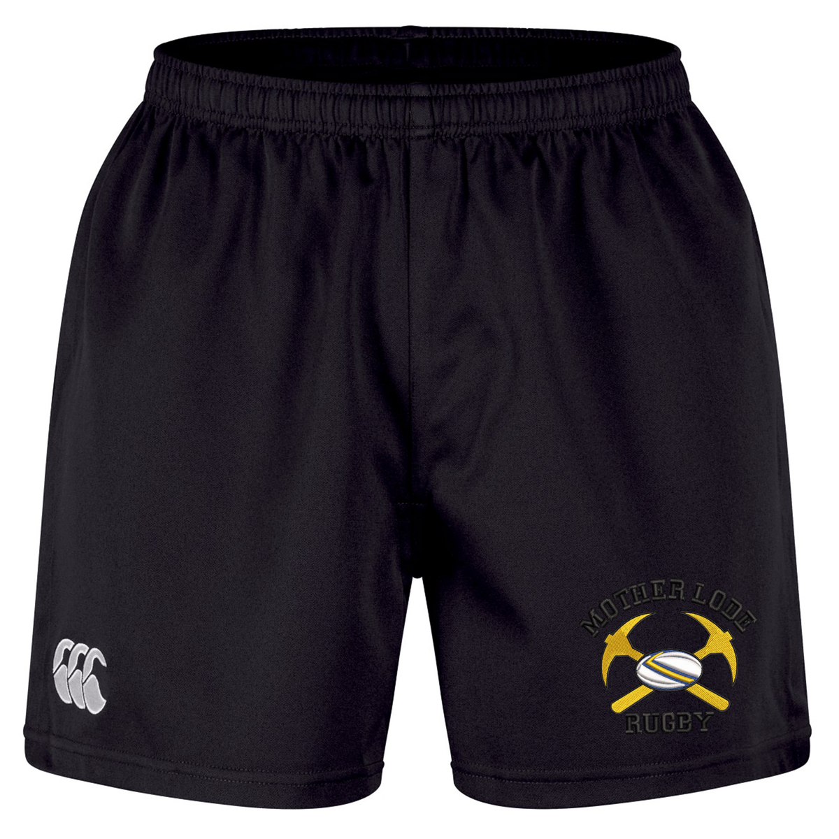 Black Mother Lode Professional Short 2.0 by Canterbury athletic shorts with an elastic waistband, featuring a logo with two crossed pickaxes and a rugby ball on the right leg and a brand logo on the left.
