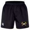 Black Mother Lode Professional Short 2.0 by Canterbury athletic shorts with an elastic waistband, featuring a logo with two crossed pickaxes and a rugby ball on the right leg and a brand logo on the left.