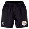 The Society of Iowa Rugby Referees Professional Short 2.0 by EMB Canterbury are black athletic rugby shorts, featuring a white flower and text logo on the left leg, and the iconic Canterbury CCC logo on the right leg. Modeled after the Professional 2.0 Short, these durable shorts are designed for both performance and comfort.