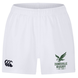 Introducing the Zionsville Rugby Club Professional Short 2.0 by EMB Canterbury—white shorts designed for durability and intense match play. Featuring a black CCC logo on the left leg and a green Zionsville Rugby logo with an eagle and “EST. 2003” on the right leg, these professional rugby shorts are built to perform at the highest level.