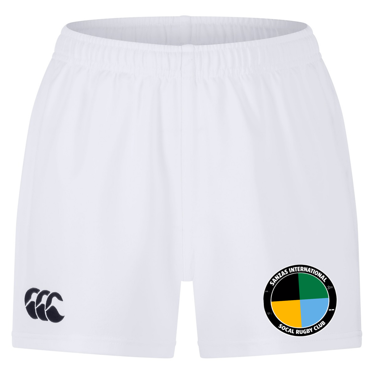 The SOCAL SANZAS RFC Professional Short 2.0 by EMB Canterbury are white rugby shorts featuring a three-C Canterbury logo on the left leg and a circular SoCal Rugby Club logo in black, green, gold, and teal on the right leg.