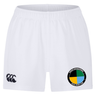 The SOCAL SANZAS RFC Professional Short 2.0 by EMB Canterbury are white rugby shorts featuring a three-C Canterbury logo on the left leg and a circular SoCal Rugby Club logo in black, green, gold, and teal on the right leg.