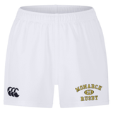 Experience top-level comfort and performance on the field with the Monarch Rugby Club Professional Short 2.0 by Canterbury from EMB Canterbury. These durable white athletic shorts feature an elastic waistband, a black CCC logo on the left leg, and “MONARCH RUGBY” in yellow and black on the right leg, taking inspiration from the classic Canterbury Professional 2.0 Short design.