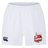 The Lincoln City Youth Rugby Professional Short 2.0 by EMB Canterbury features a white design with an elastic waistband, showcasing the Lincoln City Youth Rugby logo on one leg and the EMB Canterbury logo on the other. Built for durability and comfort, these professional rugby shorts are perfect for active young athletes.