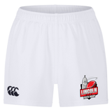 The Lincoln City Youth Rugby Professional Short 2.0 by EMB Canterbury features a white design with an elastic waistband, showcasing the Lincoln City Youth Rugby logo on one leg and the EMB Canterbury logo on the other. Built for durability and comfort, these professional rugby shorts are perfect for active young athletes.