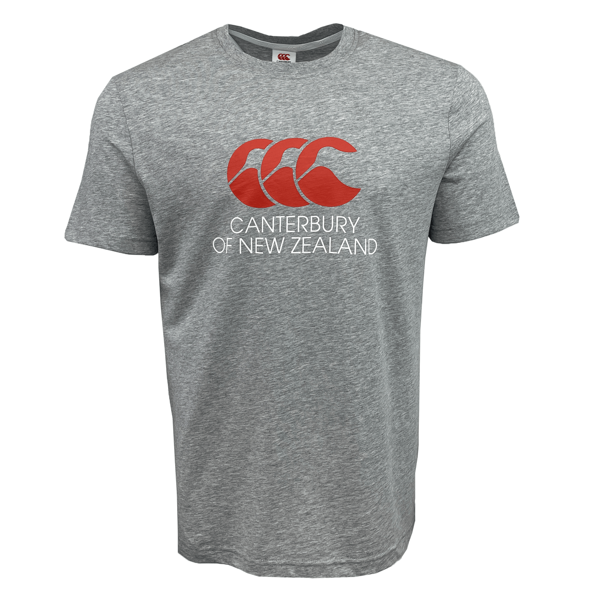 A grey, comfortable fit Canterbury of New Zealand Logo T-Shirt by Canterbury displaying the "Canterbury of New Zealand" logo and text in red and white on the front.