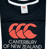 A folded black Canterbury of New Zealand Logo T-Shirt by Canterbury features a striking red CCC Canterbury logo with the text "Canterbury of New Zealand" on the front. The clothing label indicates size "Large" and "Made in China".