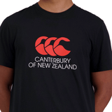 Person wearing a black Canterbury of New Zealand Logo T-Shirt by Canterbury with the red "CCC" logo and "Canterbury of New Zealand" text.