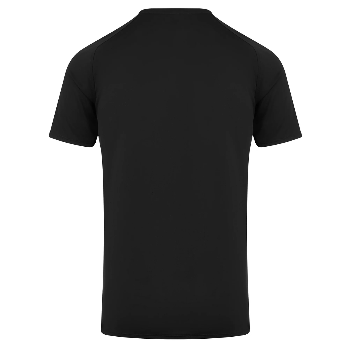 A black Canterbury of New Zealand Logo T-Shirt by Canterbury displayed from the back, boasting a comfortable fit.