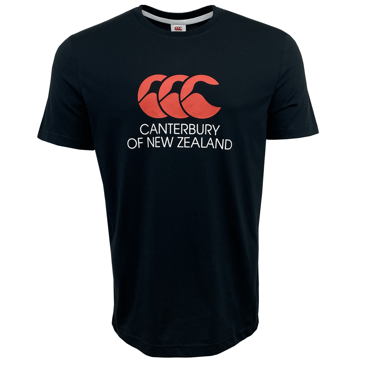 Black Canterbury of New Zealand Logo T-Shirt by Canterbury with a red Canterbury logo and text on the front, offering a comfortable fit.