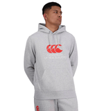 A person wearing a light grey Canterbury of New Zealand Hoodie by Canterbury with a red "Canterbury" logo and matching grey sweatpants stands with their hands behind their back, looking to the side.
